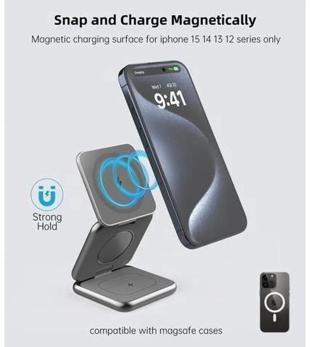 Alt view image 3 of 7 - Foldable Magnetic Wireless Charger, Aluminum Alloy 3 in 1 Charging Station for Apple, 15W Fast Mag-Safe Charger Stand for iPhone 15 14 13 12 Pro/Max/Plus, for AirPods 3/2/Pro,5W for iWatch-Gray