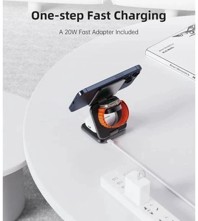 Alt view image 6 of 7 - Foldable Magnetic Wireless Charger, Aluminum Alloy 3 in 1 Charging Station for Apple, 15W Fast Mag-Safe Charger Stand for iPhone 15 14 13 12 Pro/Max/Plus, for AirPods 3/2/Pro,5W for iWatch-Gray