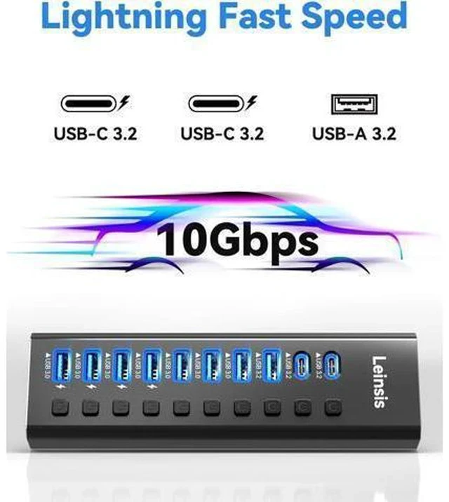 Alt view image 3 of 7 - Powered USB Hub 3.2, LEINSIS 10-Port USB 3.2/USB C Hub (10Gbps USB-A 3.2 +2 USB-C 3.2 +7 USB 3.0 Ports) with Individual On/Off Switches and 12V Power Adapter, Aluminum USB Hub Powered for Laptop PC