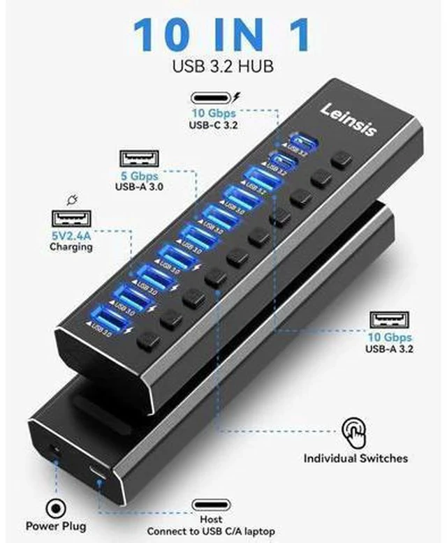 Alt view image 2 of 7 - Powered USB Hub 3.2, LEINSIS 10-Port USB 3.2/USB C Hub (10Gbps USB-A 3.2 +2 USB-C 3.2 +7 USB 3.0 Ports) with Individual On/Off Switches and 12V Power Adapter, Aluminum USB Hub Powered for Laptop PC