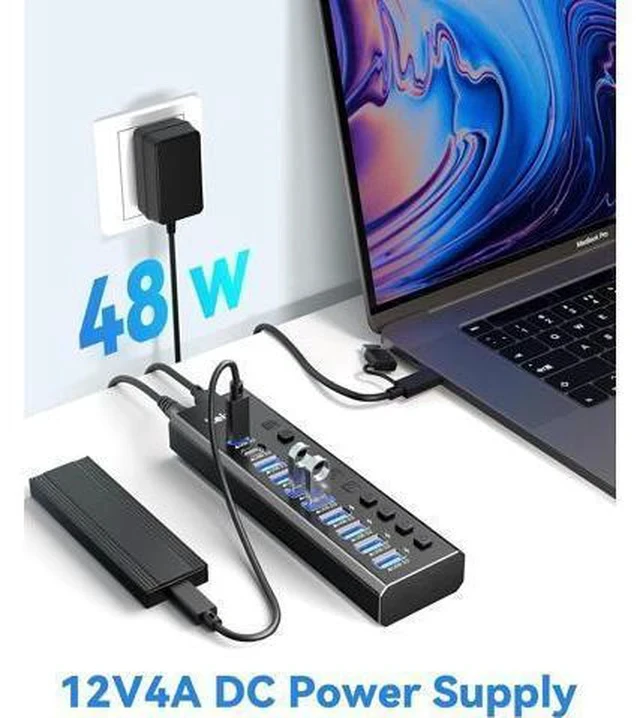 Alt view image 4 of 7 - Powered USB Hub 3.2, LEINSIS 10-Port USB 3.2/USB C Hub (10Gbps USB-A 3.2 +2 USB-C 3.2 +7 USB 3.0 Ports) with Individual On/Off Switches and 12V Power Adapter, Aluminum USB Hub Powered for Laptop PC