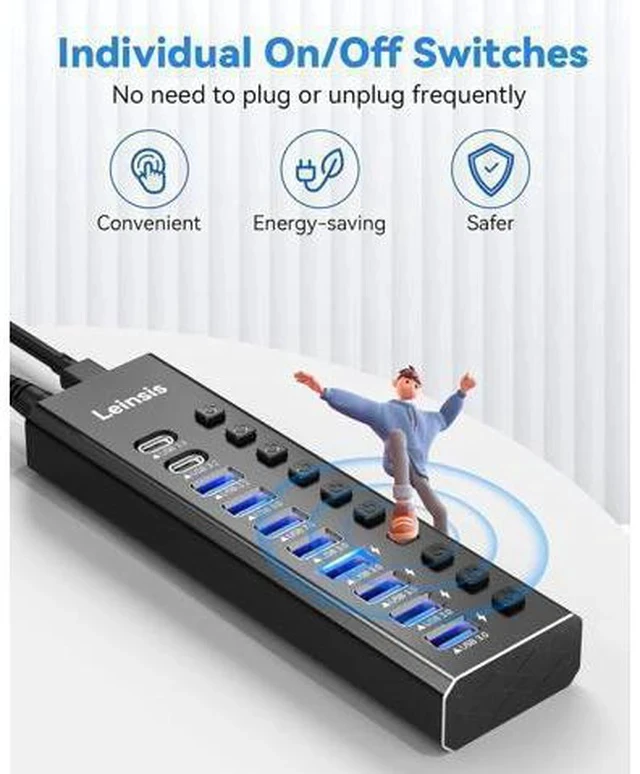 Alt view image 5 of 7 - Powered USB Hub 3.2, LEINSIS 10-Port USB 3.2/USB C Hub (10Gbps USB-A 3.2 +2 USB-C 3.2 +7 USB 3.0 Ports) with Individual On/Off Switches and 12V Power Adapter, Aluminum USB Hub Powered for Laptop PC