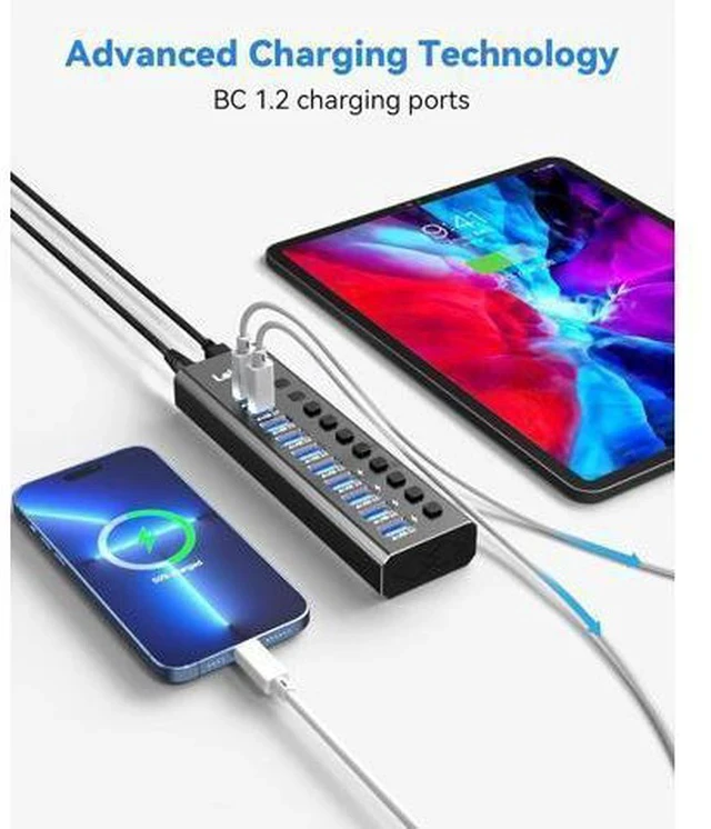 Alt view image 6 of 7 - Powered USB Hub 3.2, LEINSIS 10-Port USB 3.2/USB C Hub (10Gbps USB-A 3.2 +2 USB-C 3.2 +7 USB 3.0 Ports) with Individual On/Off Switches and 12V Power Adapter, Aluminum USB Hub Powered for Laptop PC