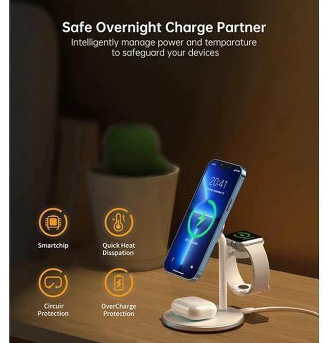 Alt view image 5 of 7 - 3 in 1 Wireless Charging Station for Multiple Devices, 15W Fast Wireless Mag-Safe Charger Stand for iPhone 14 13 12 Pro Max/Plus/Pro/Mini, Mag Charger for iWatch Ultra/8/7/SE/6/5/4/3/2, AirPods