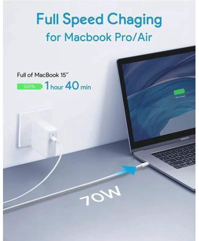 Alt view image 3 of 7 - Mac Book Pro Charger 70W USB C Charger Power Adapter for MacBook Pro/Air 13/14 Inch for MacBook 12 Inch Included USB-C to USBC Charge Cable (6.6ft/2m)