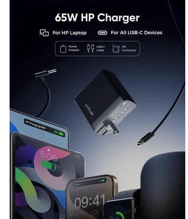 Alt view image 2 of 7 - 65W HP Laptop Charger Computer Charger for HP Chrombook/Pavilion/Envy/ProBook/EliteBook Compatible with HP USB-C 44W Smart Blue Tip Power Adapter (4.5mm)