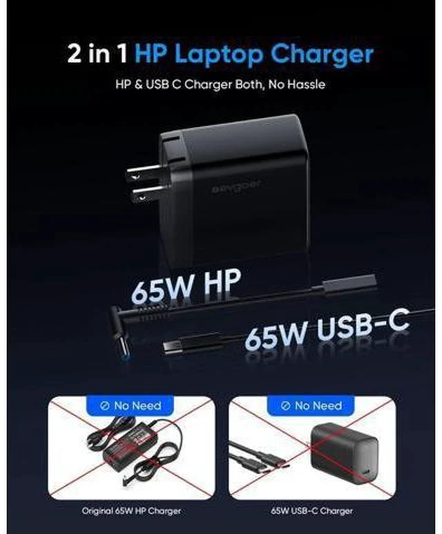 Alt view image 4 of 7 - 65W HP Laptop Charger Computer Charger for HP Chrombook/Pavilion/Envy/ProBook/EliteBook Compatible with HP USB-C 44W Smart Blue Tip Power Adapter (4.5mm)