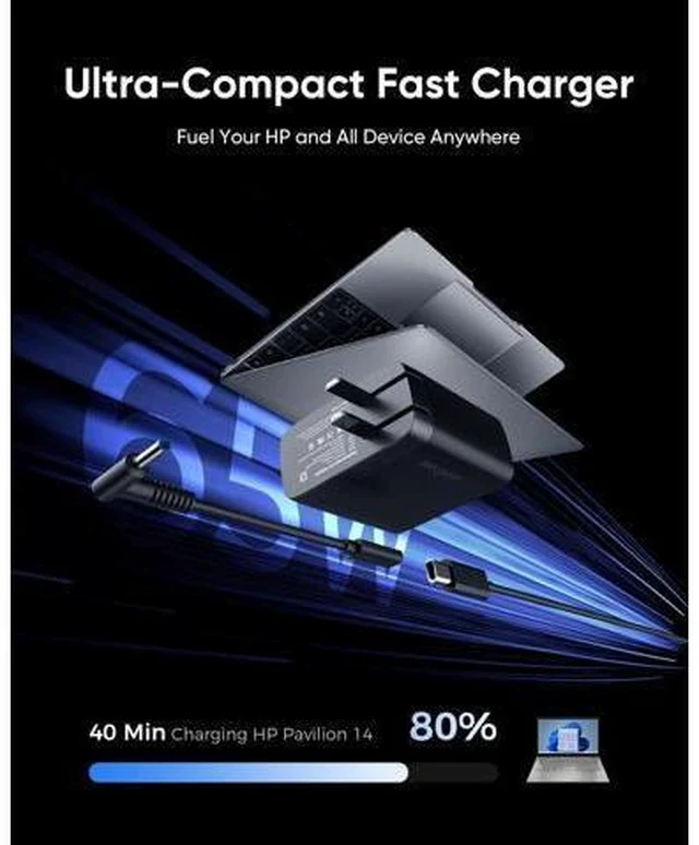 Alt view image 6 of 7 - 65W HP Laptop Charger Computer Charger for HP Chrombook/Pavilion/Envy/ProBook/EliteBook Compatible with HP USB-C 44W Smart Blue Tip Power Adapter (4.5mm)