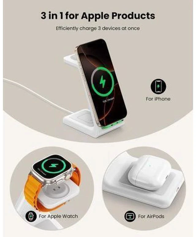 Alt view image 2 of 7 - GEEKERA 3 in 1 Wireless Charging Station for Apple, Fast Wireless Charger Stand Dock for iPhone 16 15 14 13 12 11 Pro Max Plus XR XS X, Apple Watch Ultra/9/SE/8/7/6/5/4/3/2, AirPods Pro/4/3/2