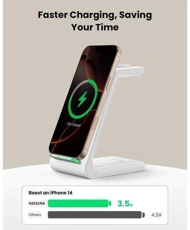 Alt view image 4 of 7 - GEEKERA 3 in 1 Wireless Charging Station for Apple, Fast Wireless Charger Stand Dock for iPhone 16 15 14 13 12 11 Pro Max Plus XR XS X, Apple Watch Ultra/9/SE/8/7/6/5/4/3/2, AirPods Pro/4/3/2