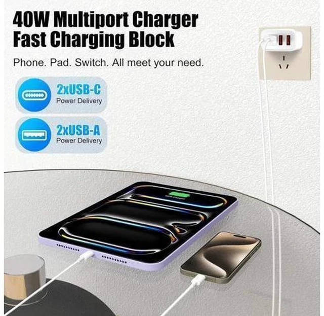 Alt view image 2 of 7 - USB C Charger for iPhone 15,4-Port Fast iPhone 15 Wall Charger Block,2Pack 40W Multiport Quick USB C Wall Charger Plug Adapter,10FT USB C to C Cable for iPhone 15/15 Pro/15 ProMax/15 Plus,iPad Pro/Air