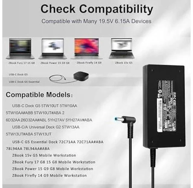 Alt view image 3 of 7 - 120W 6.15A Charger 710415-001 L41856-001 for HP USB-C Dock G5 5TW10UT 5TW10AA 5TW10AA#ABB 5TW10UT#ABA USB-C/A Universal Dock G2 5TW13AA HP Omen 15-5000 15-5100 15-5200 Laptop Charger