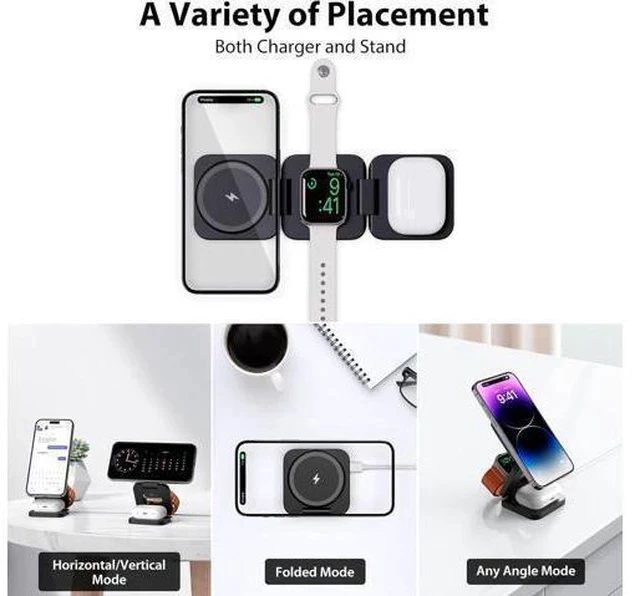 Alt view image 3 of 7 - Fast Wireless Charger Magnetic Foldable 3 in 1 Charging Station for iPhone 16/15/14/13/12/Pro/Plus/Pro Max 5W Portable Charger for Watch10/9/8/7/6/5/4/3/SE for Airpods3/2/Pro-Black