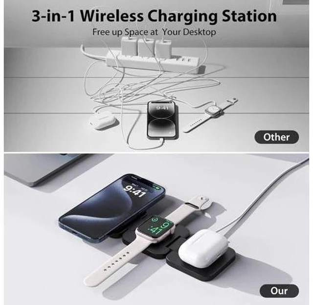 Alt view image 4 of 7 - Fast Wireless Charger Magnetic Foldable 3 in 1 Charging Station for iPhone 16/15/14/13/12/Pro/Plus/Pro Max 5W Portable Charger for Watch10/9/8/7/6/5/4/3/SE for Airpods3/2/Pro-Black