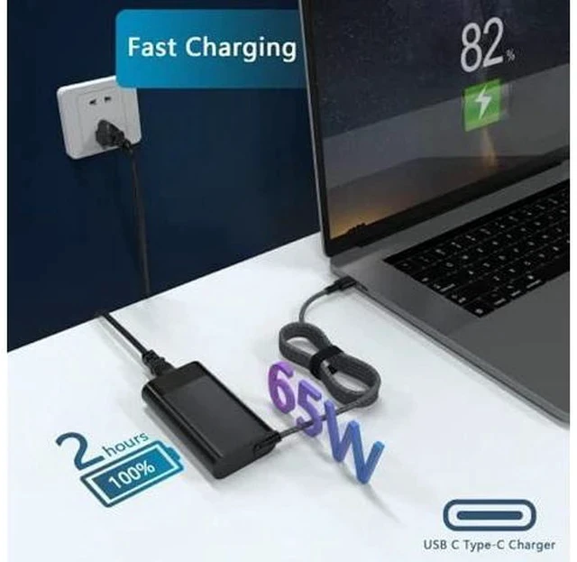 Alt view image 2 of 7 - 65W USB-C Laptop Charger Compatible with HP AI PC OmniBook 7 5 X Flip 16 14 17.3 inch,Compatible with HP EliteBook X Flip/Ultra G1i 14 inch Next Gen AI PC Laptop Type C AC Power Adapter
