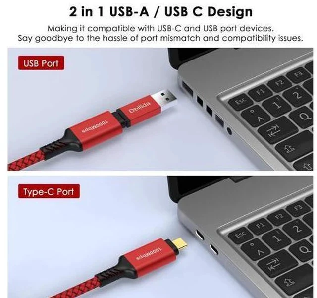 Alt view image 2 of 7 - USB C to Ethernet Cable 10 FT - 2 in 1 USB A/C to RJ45 Cable 1Gbps Braided Ethernet to USB C Cable Type C to RJ45 Ethernet for Thunderbolt 4/5 MacBook Pro/Air iPhone 16/17 XPS Galaxy S24