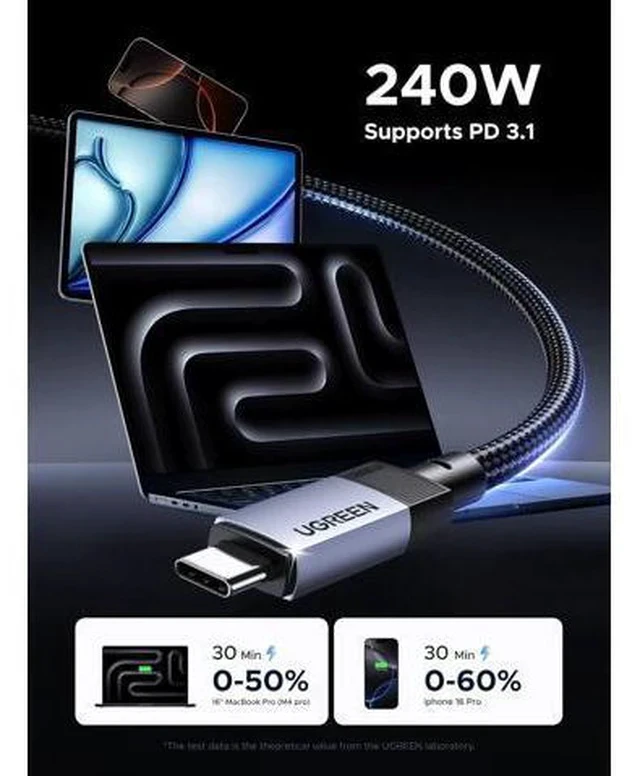 Alt view image 4 of 7 - 240W USB C Cable 40Gbps USB C to USB C Cable USB4.0 GEN3 8K 60Hz PD 3.1 Video Cable Compatible with USB C Monitors Hubs Docks MacBook Air iPhone 17/16 Pro Max Galaxy S25/S24 Ultra 3.3FT