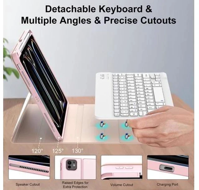 Alt view image 3 of 7 - JADEMALL for iPad Pro 11 inch Case with Keyboard (M4) 2024 - Wireless Detachable Keyboard Case with Pencil Holder - Auto Sleep/Wake, Long Battery Life, Folio Keyboard Cover for iPad Pro 11 inch, Pink