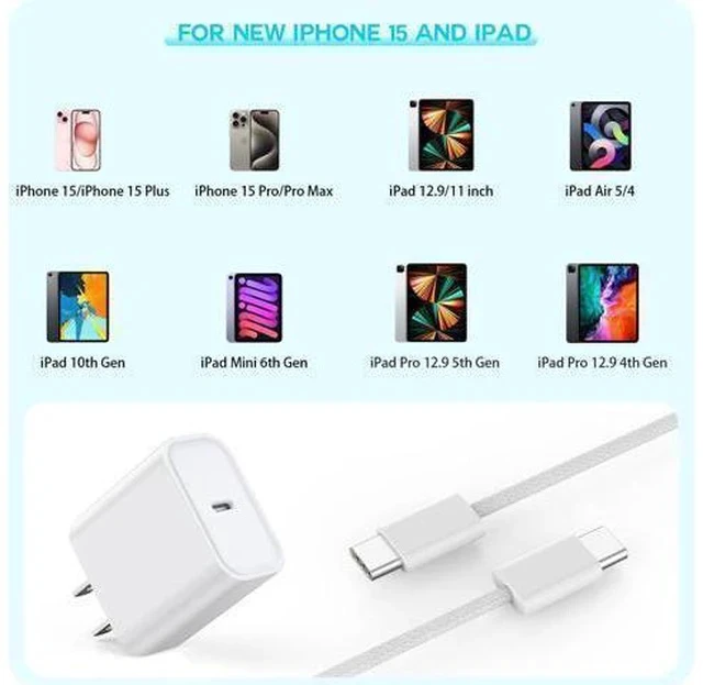 Alt view image 2 of 7 - Long Charger for iPhone 16e Charge Fast Charging, 20W USB C PD Wall Adapter 2-Pack 6FT Type C to C i Phone 15 Charging Woven Cable Cord for iPhone 16/16e/16 Pro/15/15 Plus/15 Pro Max,iPad Pro/Air/Mini