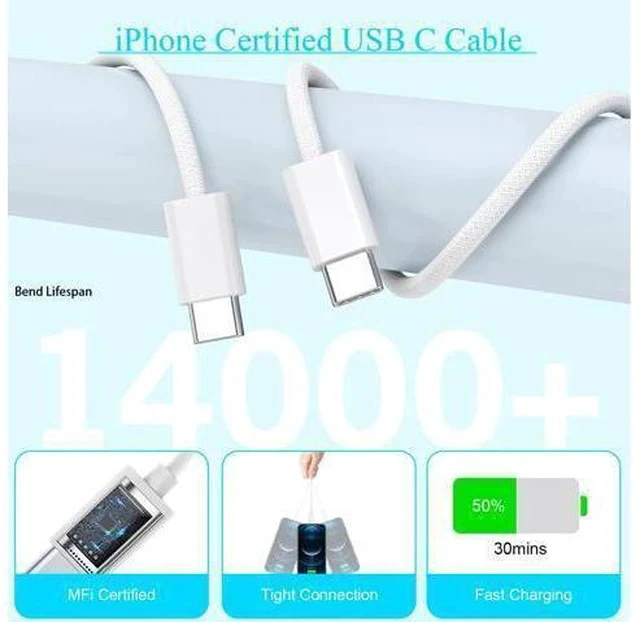 Alt view image 5 of 7 - Long Charger for iPhone 16e Charge Fast Charging, 20W USB C PD Wall Adapter 2-Pack 6FT Type C to C i Phone 15 Charging Woven Cable Cord for iPhone 16/16e/16 Pro/15/15 Plus/15 Pro Max,iPad Pro/Air/Mini