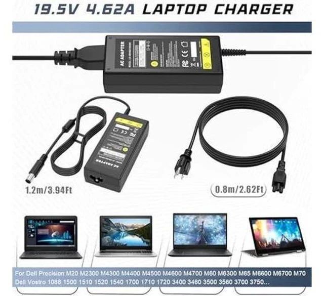 Alt view image 4 of 6 - 19.5V 4.62A 90W AC Adapter Charger Power Supply Cord for Dell Laptop Computer, Dell PA-10 90-watt Power Supply(Connector: 7.4x5.0mm)