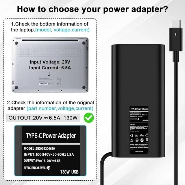Alt view image 2 of 6 - Replacement for 130W Laptop Charger USB C Slim AC Adapter for XPS 15 17 9575 9500 9520 9700 Precision 5530 5550 5560 5570 3560 2in1 Latitude 9410 9510 Type C AC Power Cord