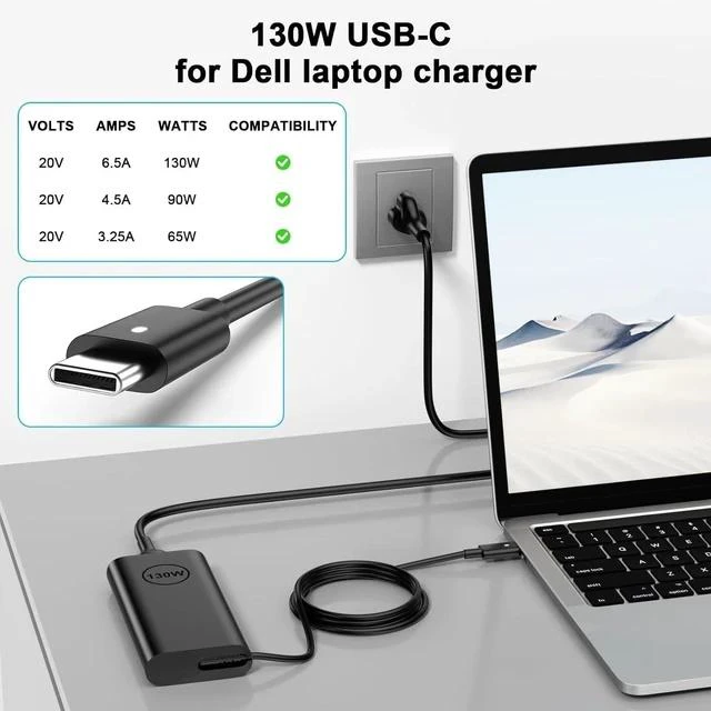 Alt view image 3 of 6 - Replacement for 130W Laptop Charger USB C Slim AC Adapter for XPS 15 17 9575 9500 9520 9700 Precision 5530 5550 5560 5570 3560 2in1 Latitude 9410 9510 Type C AC Power Cord