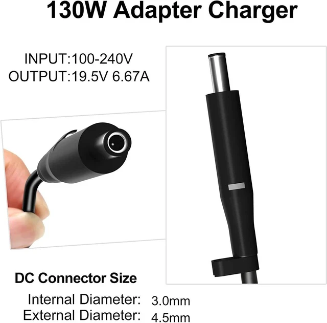 Alt view image 2 of 7 - 130W 19.5V DA130PM130 Power Supply AC Laptop Charger Compatible with XPS 15 7590 9530 9550 9560 9570 Inspiron 7347 7348 7459 Precision M3800 M2800 5510 5520 5530 5540 0V363H 06TTY6