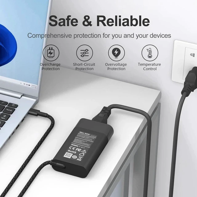 Alt view image 6 of 7 - New Slim 65W USB C Laptop Charger Compatible with HP Spectre X360 Envy X360 Chromebook Elite X2 EliteBook X360 Spectre/EliteBook/Envy/ZBook/Chromebook Type C AC Adapter Travel Power Cord