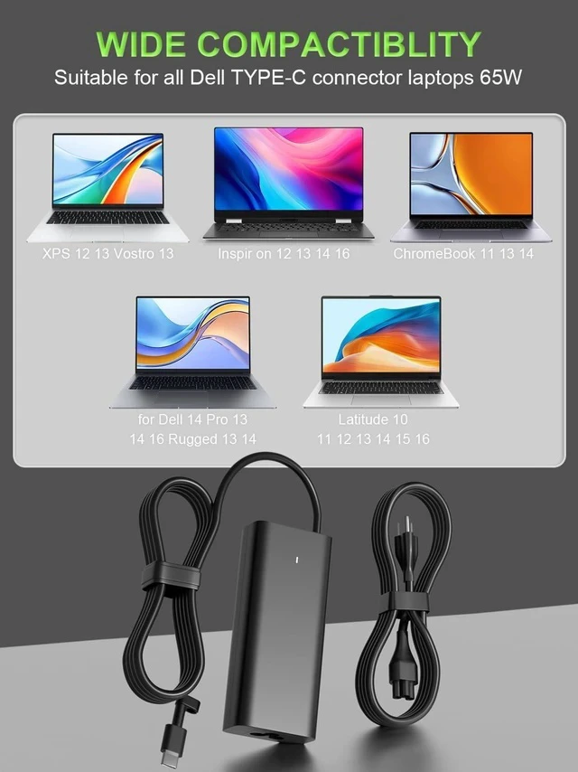 Alt view image 3 of 7 - 65W USB C Charger Compatible with Pro 13 14 16 Xps 12 13 9315 7390 inspiron-7306 5620 5310 Chromebook 3100 3110 Latitude 5410 5330 5420 5440 5450 7410 7400 Laptop