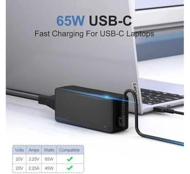 Alt view image 2 of 7 - 65W USB C Charger for Lenovo Thinkpad T480s T580s L580 L590 E580 E585, Chromebook 100e 300e 500e Replacement for 65W Lenovo Laptop Charger