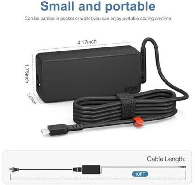Alt view image 4 of 7 - 65W USB C Charger for Lenovo Thinkpad T480s T580s L580 L590 E580 E585, Chromebook 100e 300e 500e Replacement for 65W Lenovo Laptop Charger
