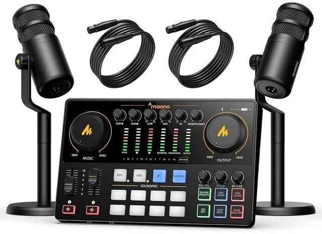 Main image of Podcast Equipment Bundle for 2: Audio Interface Mixer with 2 XLR Dynamic Mic Noise Reduction Podcast