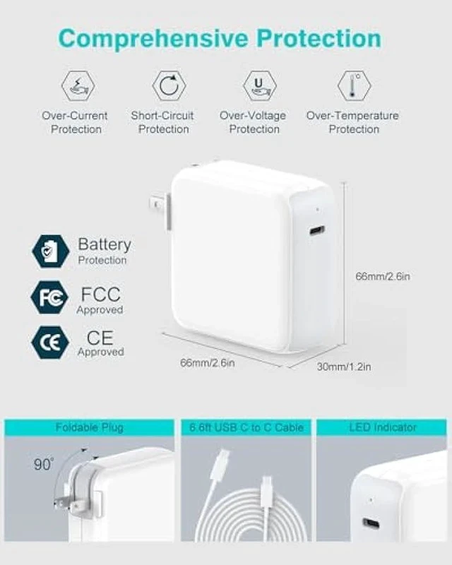 Alt view image 3 of 6 - Charger for MacBook Air MacBook Pro 13 14 15 16 inch 2025 2024 2023 2022 2021 2020, M1 M2 M3 M4 Laptop 70W USB C Power Adapter, iPad, LED, 6.6FT USB-C Cable, Charging as Fast as Original Quality