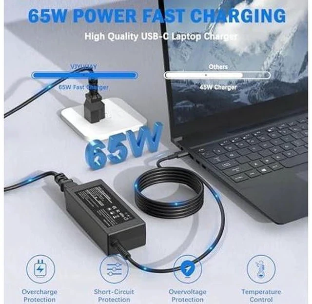 Alt view image 2 of 5 - 45W 65W UBS C Laptop Charger Compatible with HP Chromebook Laptop Computer Type C Power Adapter