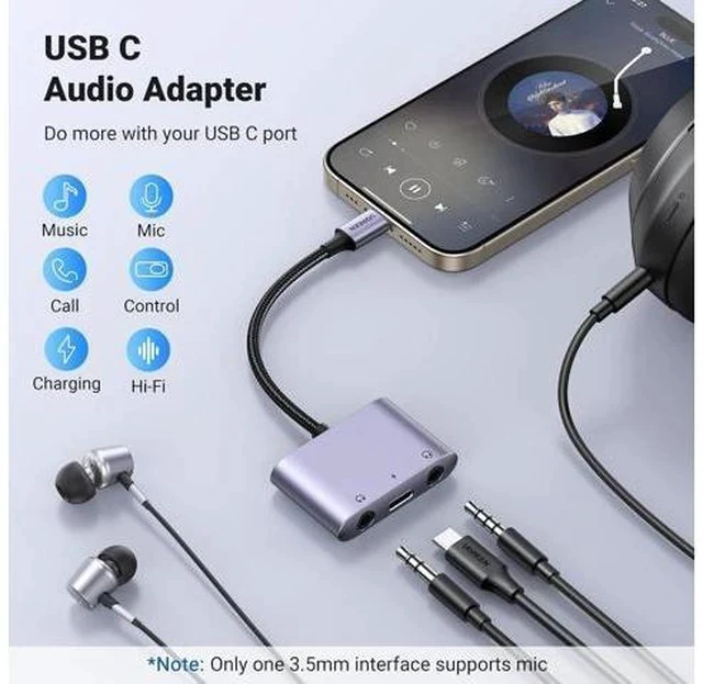 Alt view image 2 of 7 - USB C to 3.5mm Audio Adapter 3 in 1 Charger and Headphone Splitter USB C to Aux Dual Headphone Jack with PD 60W Fast Charge Cable for iPhone 15 Pro Max Galaxy S24/23 Ultra Pixel 8 iPad Pro