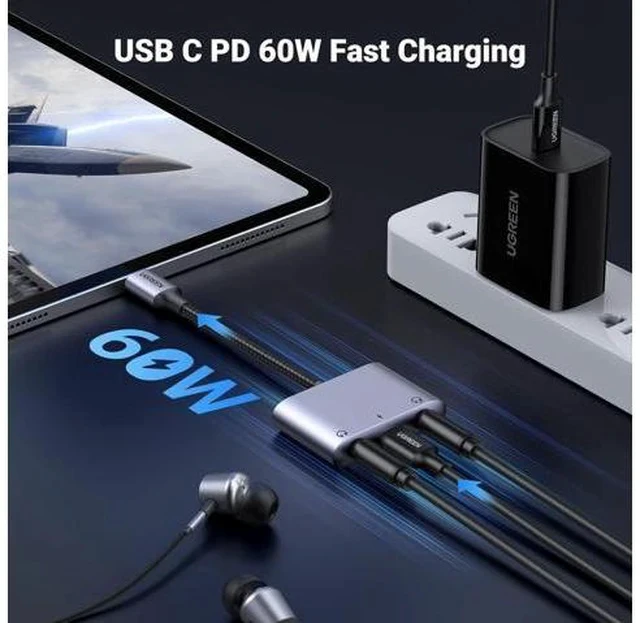 Alt view image 4 of 7 - USB C to 3.5mm Audio Adapter 3 in 1 Charger and Headphone Splitter USB C to Aux Dual Headphone Jack with PD 60W Fast Charge Cable for iPhone 15 Pro Max Galaxy S24/23 Ultra Pixel 8 iPad Pro