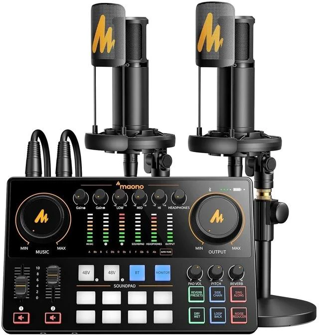 Main image of Podcast Equipment Bundle for 2: Audio Interface Mixer with 2 XLR Condenser Mic Noise Reduction Podca
