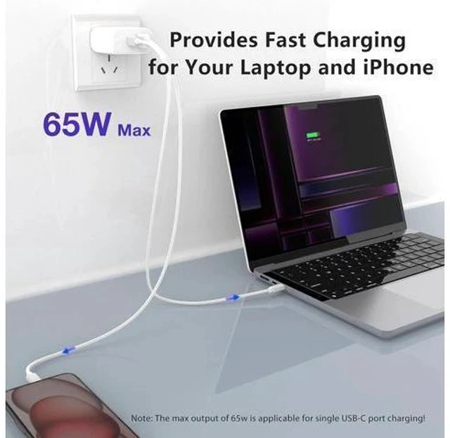 Alt view image 3 of 7 - 65W USB C Charger with 5FT USB C Cable Type C Charger Fast Charging 2-Port Wall Charging Block for MacBook Pro/Air iPhone 17/16/15 iPad Pro/Air Galaxy S24/S23 Pixel Steam Deck (White)