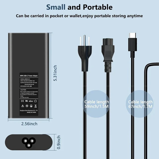 Alt view image 2 of 7 - New Slim 90W Laptop Charger USB C Replacement for Latitude 5420 5520 7480 7490 7420 Chromebook 3100 XPS 13 9360 XPS15 9550 9560 DA65NM190 LA65NM190 Type C AC Adapter Power Cord