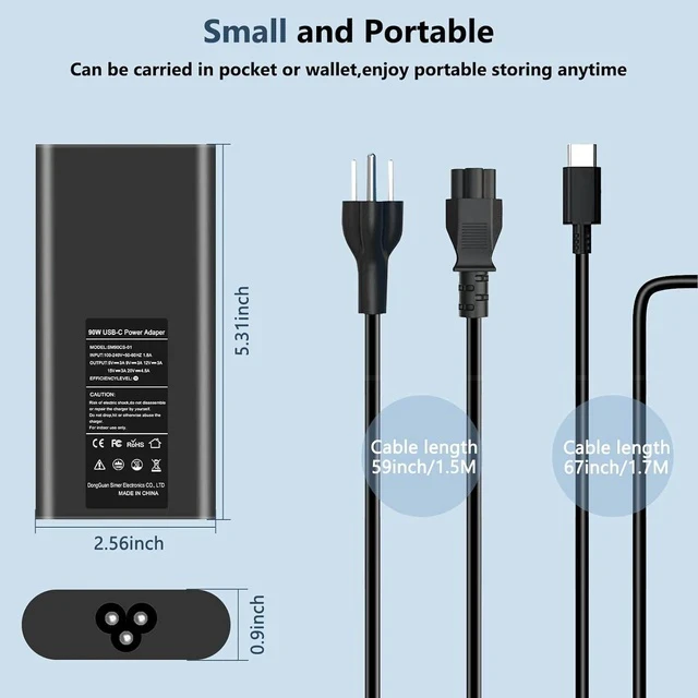 Alt view image 4 of 7 - New Slim 90W Laptop Charger USB C Replacement for Latitude 5420 5520 7480 7490 7420 Chromebook 3100 XPS 13 9360 XPS15 9550 9560 DA65NM190 LA65NM190 Type C AC Adapter Power Cord