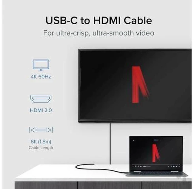 Alt view image 2 of 7 - USB C to HDMI Cable 6ft / 1.8m HDMI 2.0 USB4 / Thunderbolt Adapter for 4K Monitor 4K 60Hz (USBC-HDMI-Cable) for iPhone 15 iPad Pro MacBook Pro XPS Surface Laptop - Driverless