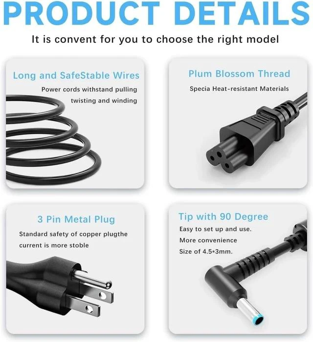 Alt view image 5 of 6 - 65W Laptop Charger Compatible with HP Pavilion x360 14 15 17 Envy 13 15 X360 Elitebook 840 G5 Zbook 14u G4 G5 15u 15 G3 ProBook Chromebook Spectre 19.5V 3.33A Adapter Power Cord Blue Tip
