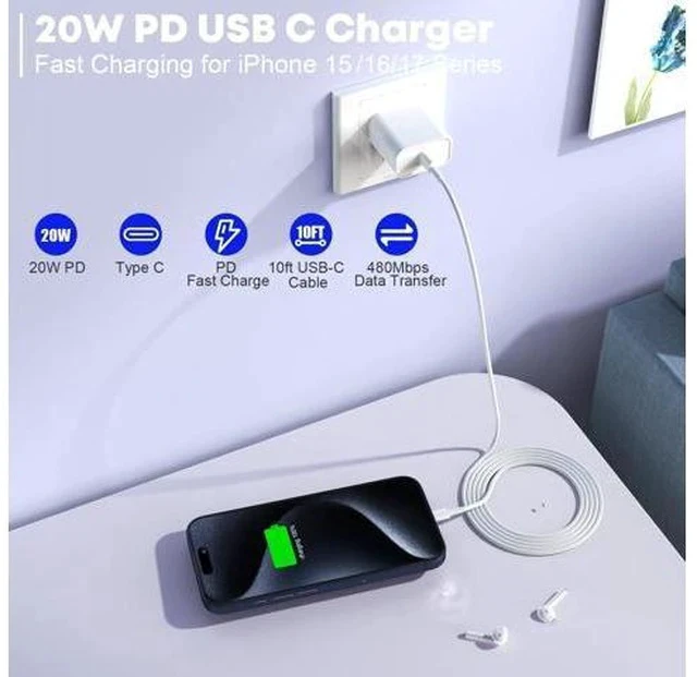 Alt view image 2 of 7 - Fast Charger for iPhone 17/16/15 Charger,10FT Extra Long Fast Charging 3Pack Block USB-C to USB C Fast Charging Cable Cord for iPhone Air/17 Pro Max/iPhone 16 Pro/16 Plus/15 Pro Max,iPad Pro/Air/Mini