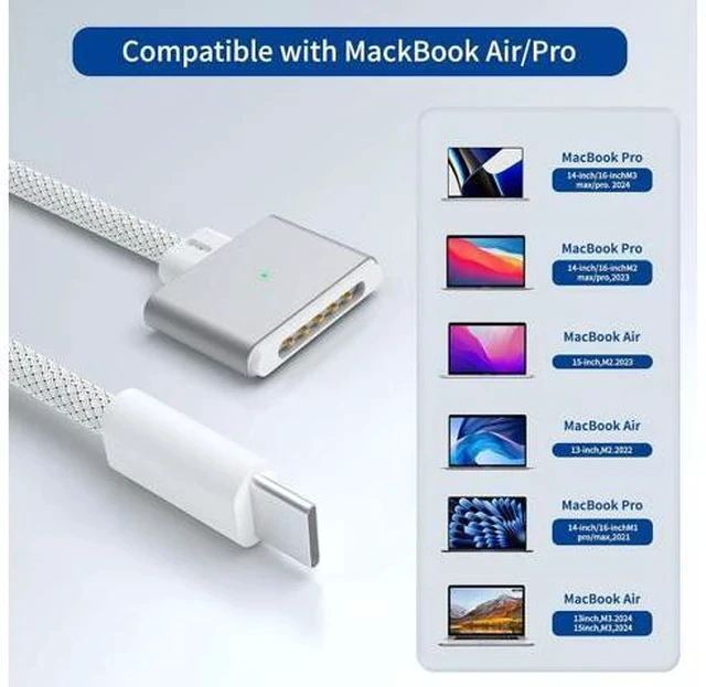Alt view image 3 of 6 - 140W USB-C to Magnetic 3 Cable 6.6FT/2M Compatible with Magsafe Charging Cable for MacBook Air 2024 M3 13 15 Air 2022/2023 M2 Pro 2023 M2 Pro & Max 14 16 Pro 2021 M1 & Max 14 16 White