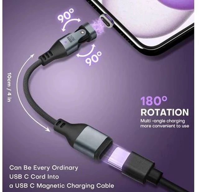 Alt view image 2 of 7 - Magnetic USB Adapter Type C to C with 4 Short Cable 2 Pack 16 PIN PD 240W 180° Rotation USB 2.0 480MBPS 1V3 Tips OTG Port Replacement & Extender Adapter (Black)