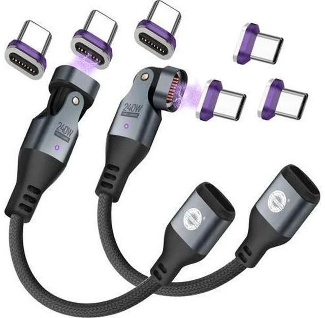 Main image of Magnetic USB Adapter Type C to C with 4 Short Cable 2 Pack 16 PIN PD 240W 180° Rotation USB 2.0 480MBPS 1V3 Tips OTG Port Replacement & Extender Adapter (Black)