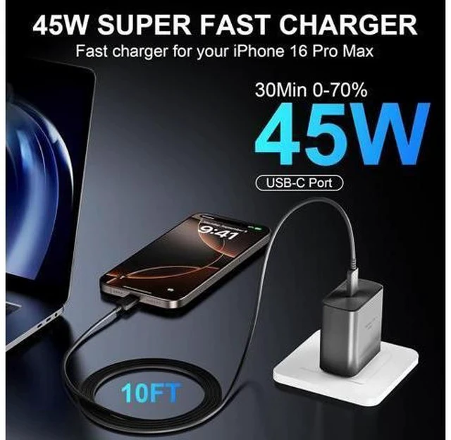 Alt view image 4 of 7 - Phone 17 16 Pro Max Charger Fast Charging, 45W USB C Phone 17 16 Super Fast Charger Block with 8ft Long Type C Charging Cable Cord for i.Phone 17 Pro Max/17 Pro/17 Air/17/16/16Pro/16 ProMax /-Black