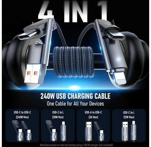 Alt view image 2 of 7 - 4 in 1 Charging Cable 240W USB to USB C Cable 10 ft 2 Pack Fast Charging Multi Charger Cord with Type C/USB A/L Port for iPhone 16/15 /14 Series MacBook iPad Pixel Switch PS5 Tablet and More