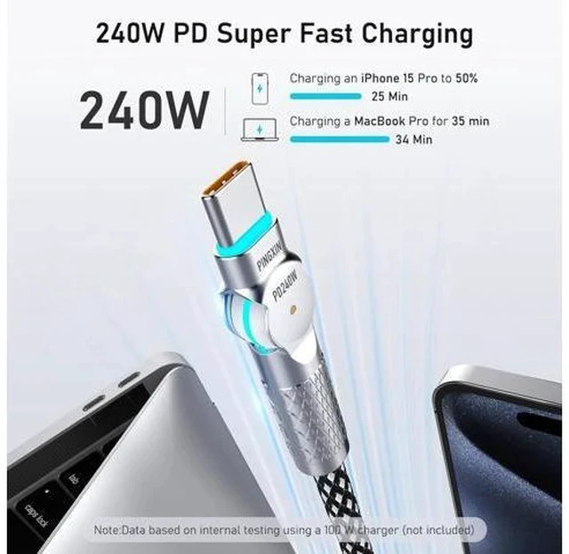 Alt view image 2 of 7 - USB C to USB C Cable10ft 240W 2-Pack Braided 180Rotating Type C Charging CableFast Charge for iPhone 16/16Pro/16Plus/16ProMax MacBook Air iPad Pro Pixel Galaxy S23/S24 Ultra-Black